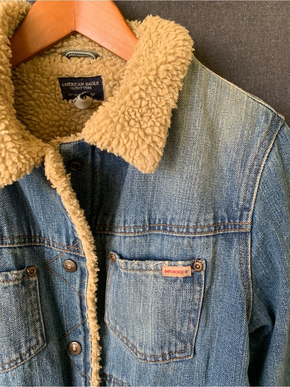 Vintage American Eagle Sherpa Lined Denim Jacket Womens Snap Buttons 90s Trucker - Picture 3 of 11